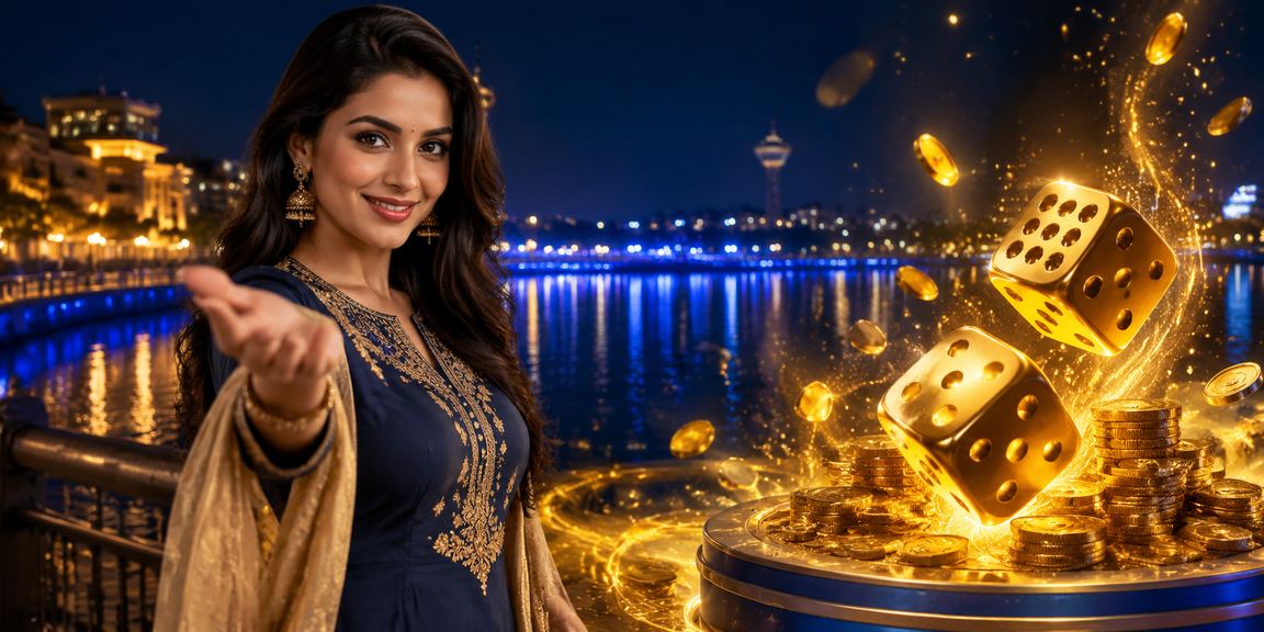 Indian woman playing dice game near riverfront in traditional kurti