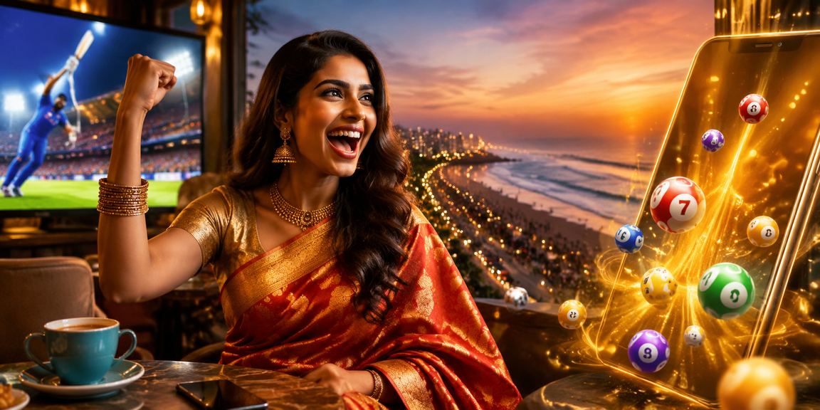 Woman playing Teen Patti on mobile phone beside Chennai Marina Beach